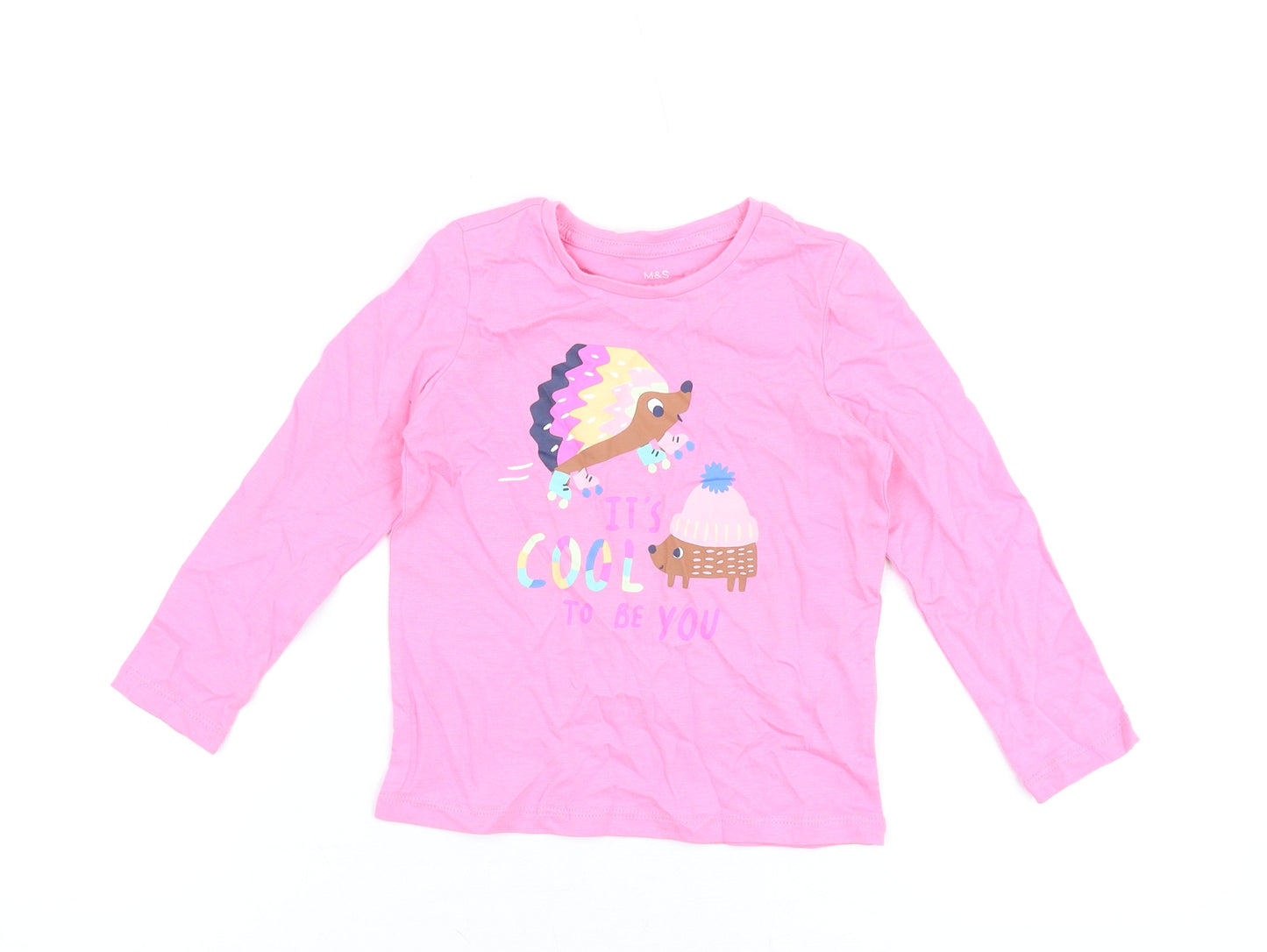 Marks and Spencer Girls Pink Cotton Basic T-Shirt Size 3-4 Years Round Neck Pullover - Hedgehog Print