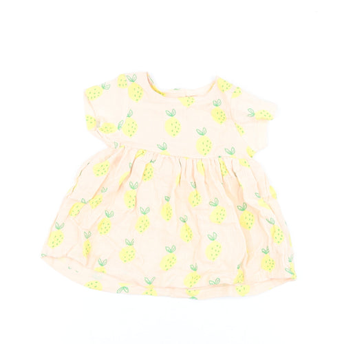 Marks and Spencer Girls Pink Geometric Cotton A-Line Size 3-6 Months Round Neck Button - Lemon Print