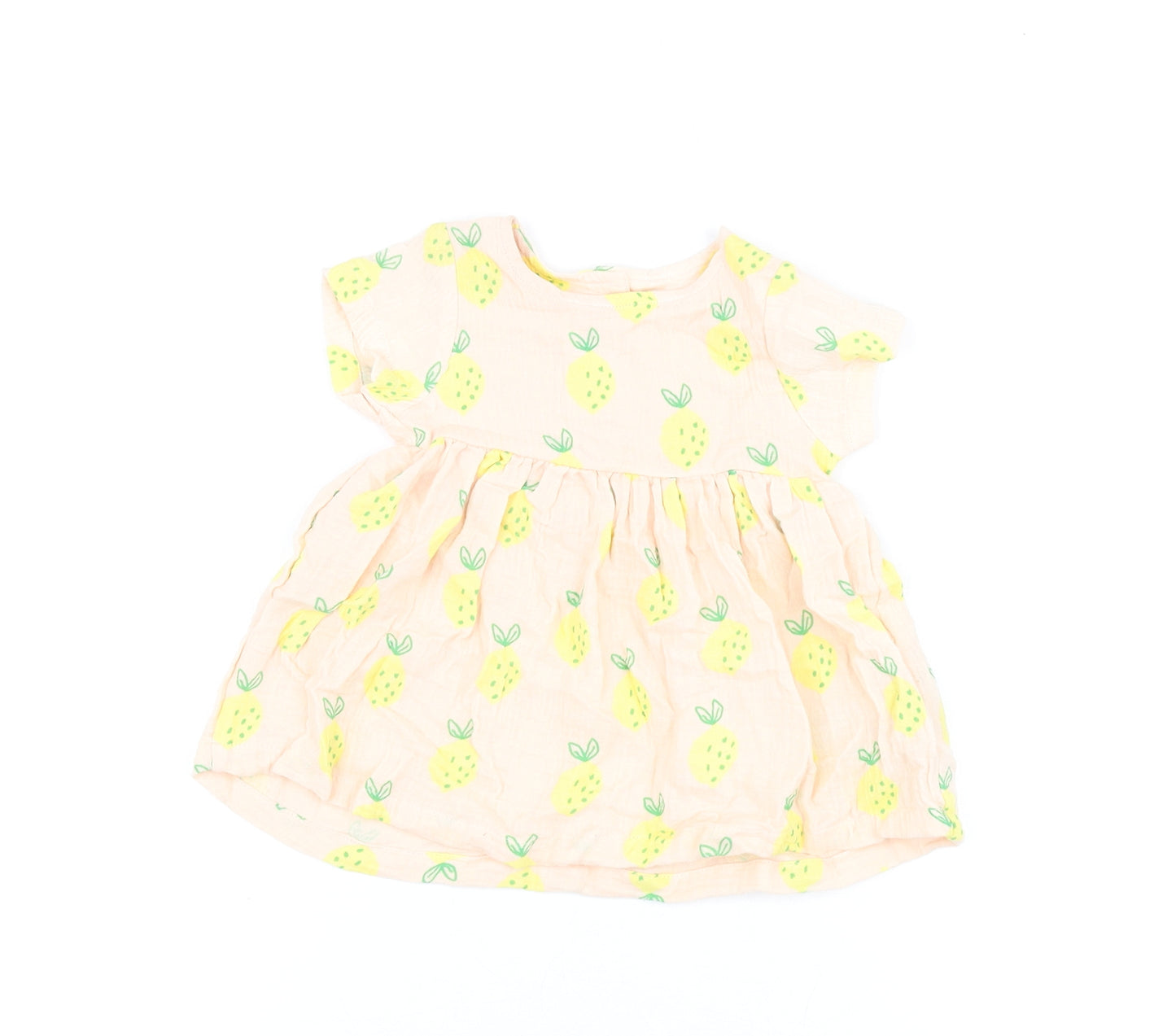 Marks and Spencer Girls Pink Geometric Cotton A-Line Size 3-6 Months Round Neck Button - Lemon Print