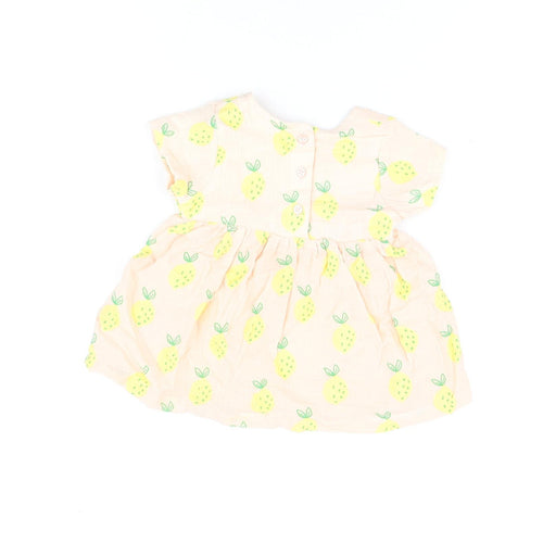 Marks and Spencer Girls Pink Geometric Cotton A-Line Size 3-6 Months Round Neck Button - Lemon Print