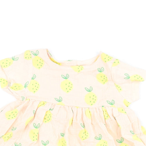 Marks and Spencer Girls Pink Geometric Cotton A-Line Size 3-6 Months Round Neck Button - Lemon Print