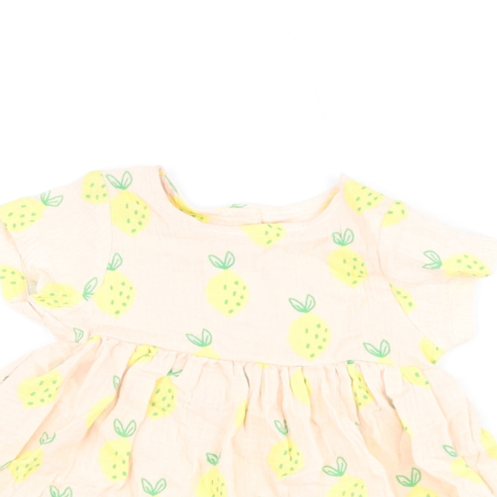 Marks and Spencer Girls Pink Geometric Cotton A-Line Size 3-6 Months Round Neck Button - Lemon Print