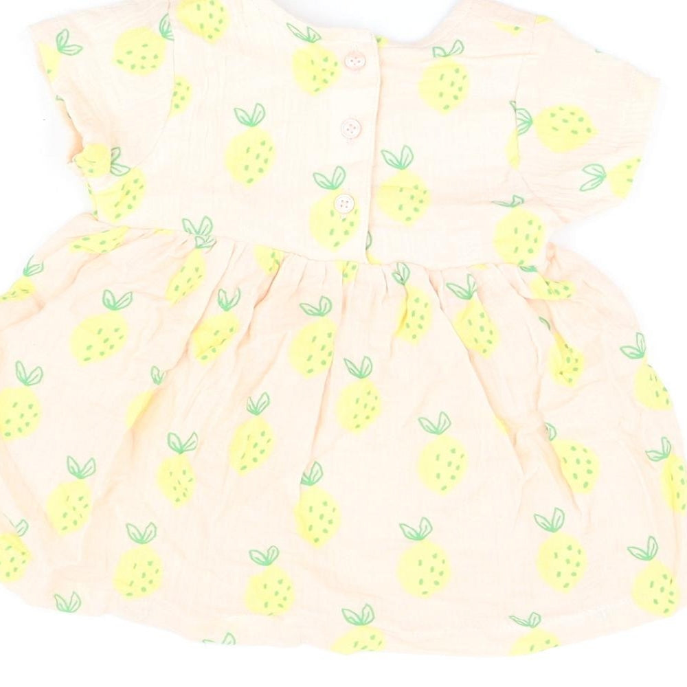 Marks and Spencer Girls Pink Geometric Cotton A-Line Size 3-6 Months Round Neck Button - Lemon Print