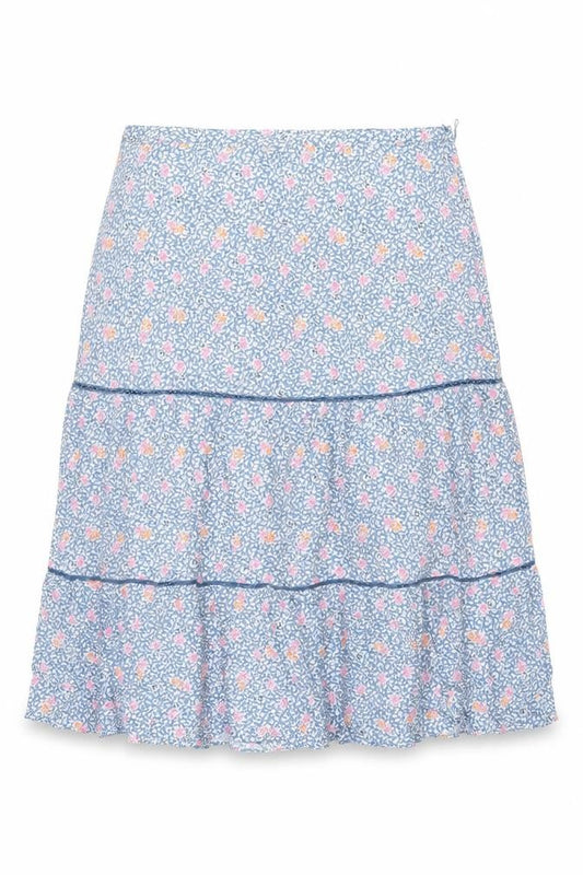Front view of Marks & Spencer women’s blue floral viscose swing skirt, size UK 20, zip