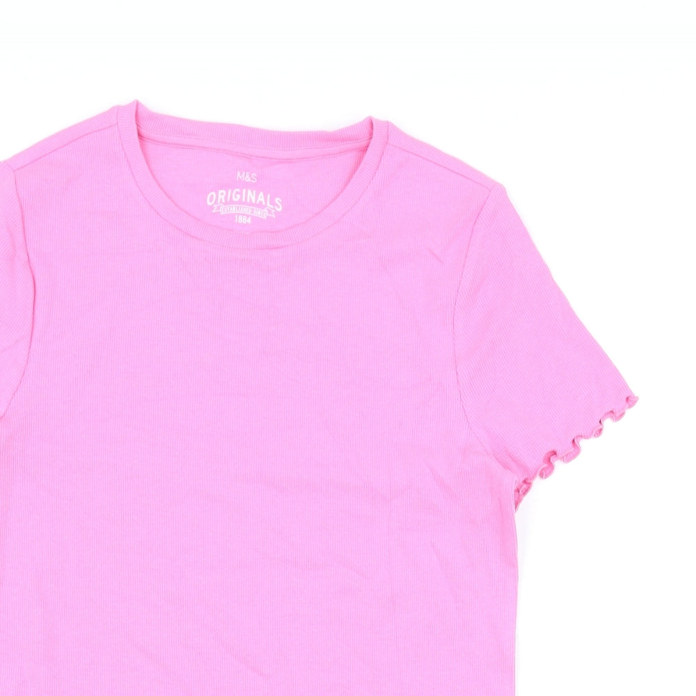 Marks and Spencer Girls Pink Cotton Basic T-Shirt Size 13-14 Years Round Neck Pullover