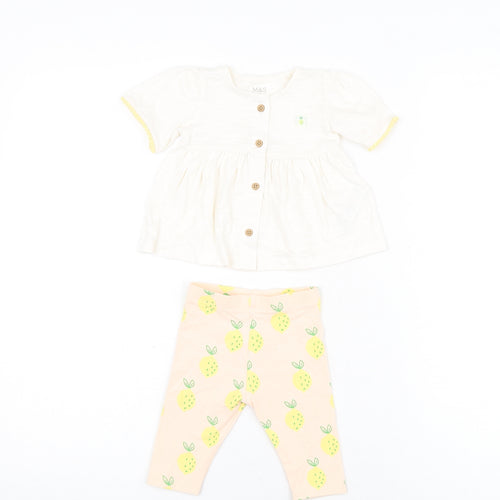 Marks and Spencer Girls White Geometric Cotton Trousers Set Outfit/Set Size 0-3 Months Button - Lemon Print