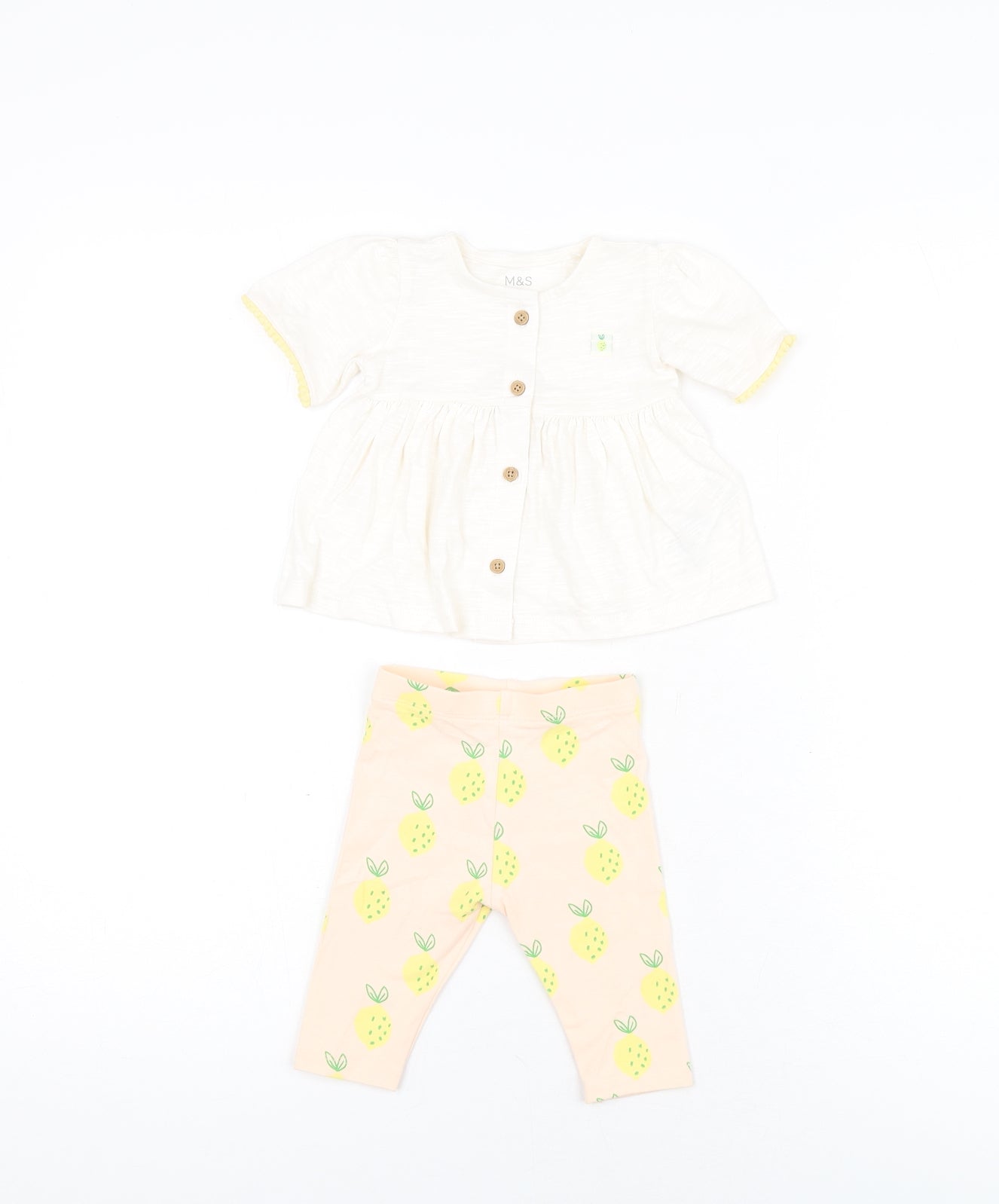Marks and Spencer Girls White Geometric Cotton Trousers Set Outfit/Set Size 0-3 Months Button - Lemon Print