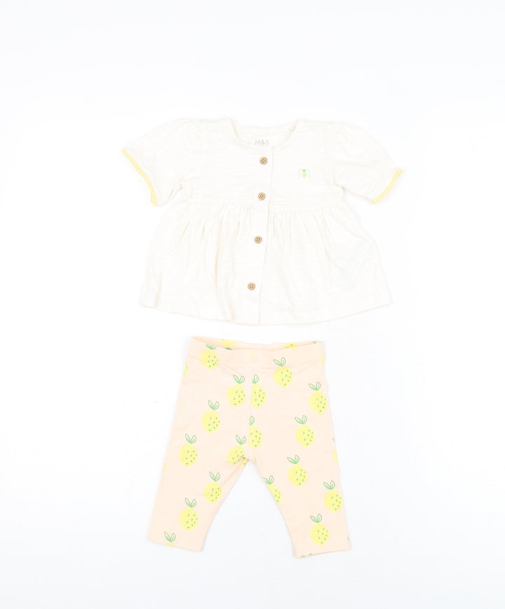 Marks and Spencer Girls White Geometric Cotton Trousers Set Outfit/Set Size 0-3 Months Button - Lemon Print