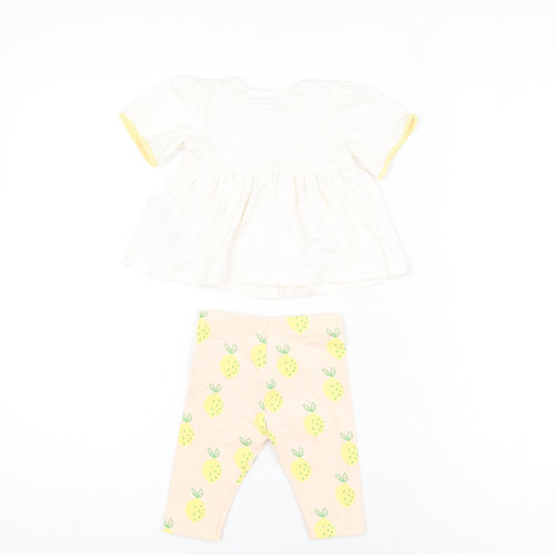 Marks and Spencer Girls White Geometric Cotton Trousers Set Outfit/Set Size 0-3 Months Button - Lemon Print