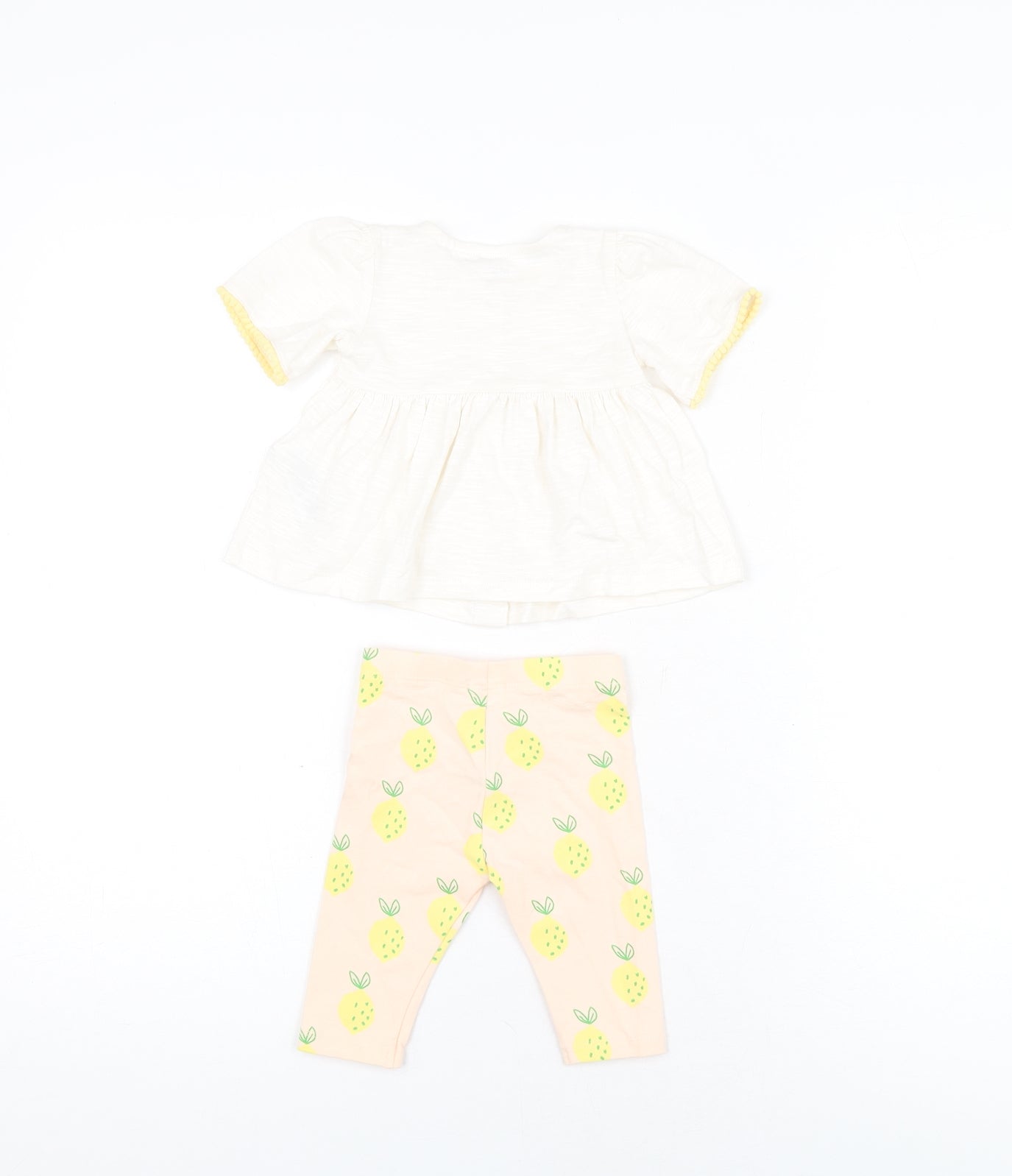 Marks and Spencer Girls White Geometric Cotton Trousers Set Outfit/Set Size 0-3 Months Button - Lemon Print