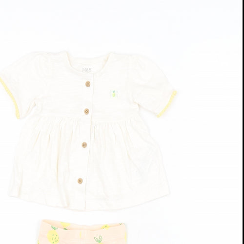 Marks and Spencer Girls White Geometric Cotton Trousers Set Outfit/Set Size 0-3 Months Button - Lemon Print