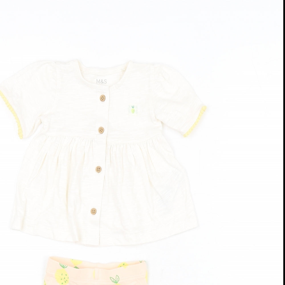Marks and Spencer Girls White Geometric Cotton Trousers Set Outfit/Set Size 0-3 Months Button - Lemon Print