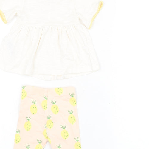 Marks and Spencer Girls White Geometric Cotton Trousers Set Outfit/Set Size 0-3 Months Button - Lemon Print