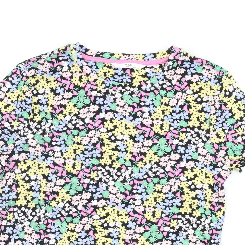 Marks and Spencer Girls Black Floral Cotton Basic T-Shirt Size 10-11 Years Round Neck Pullover