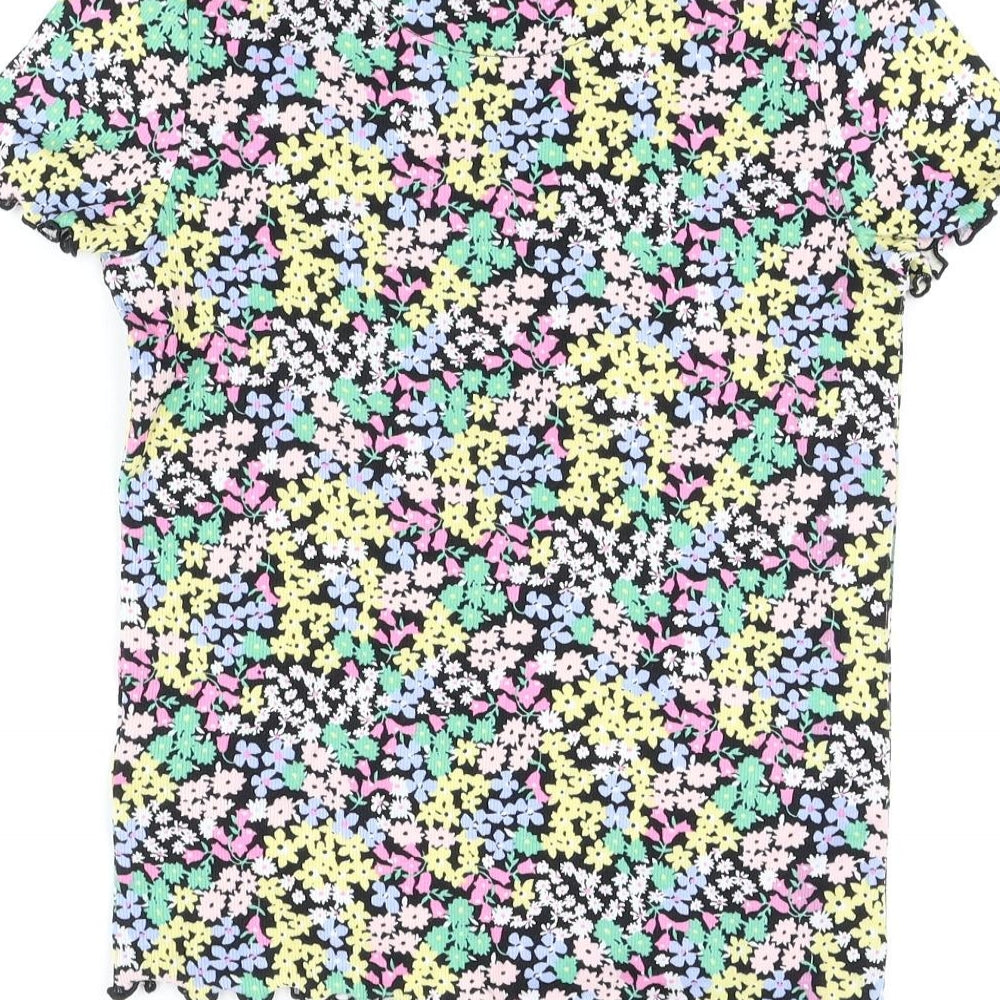 Marks and Spencer Girls Black Floral Cotton Basic T-Shirt Size 10-11 Years Round Neck Pullover