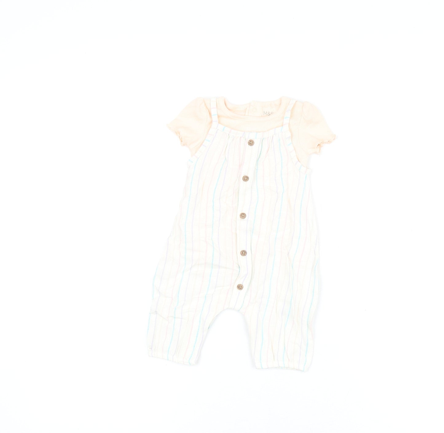 Marks and Spencer Girls Pink Striped Viscose Dungaree Outfit/Set Size 0-3 Months Button