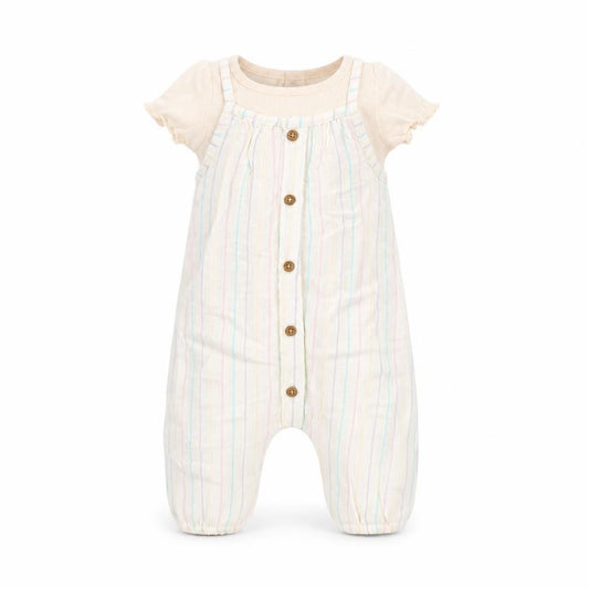 Front view of Marks & Spencer girls’ pink striped viscose dungaree outfit/set, size 0-3, months button
