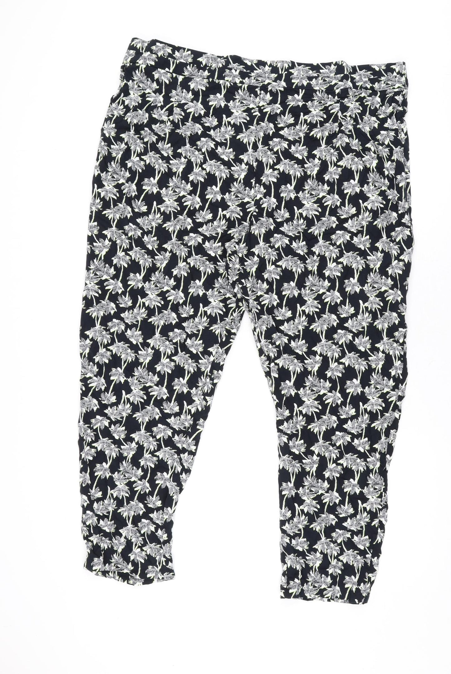 Marks and Spencer Womens Black Geometric Viscose Trousers Size 22 L26 in Regular - Palm Tree Print