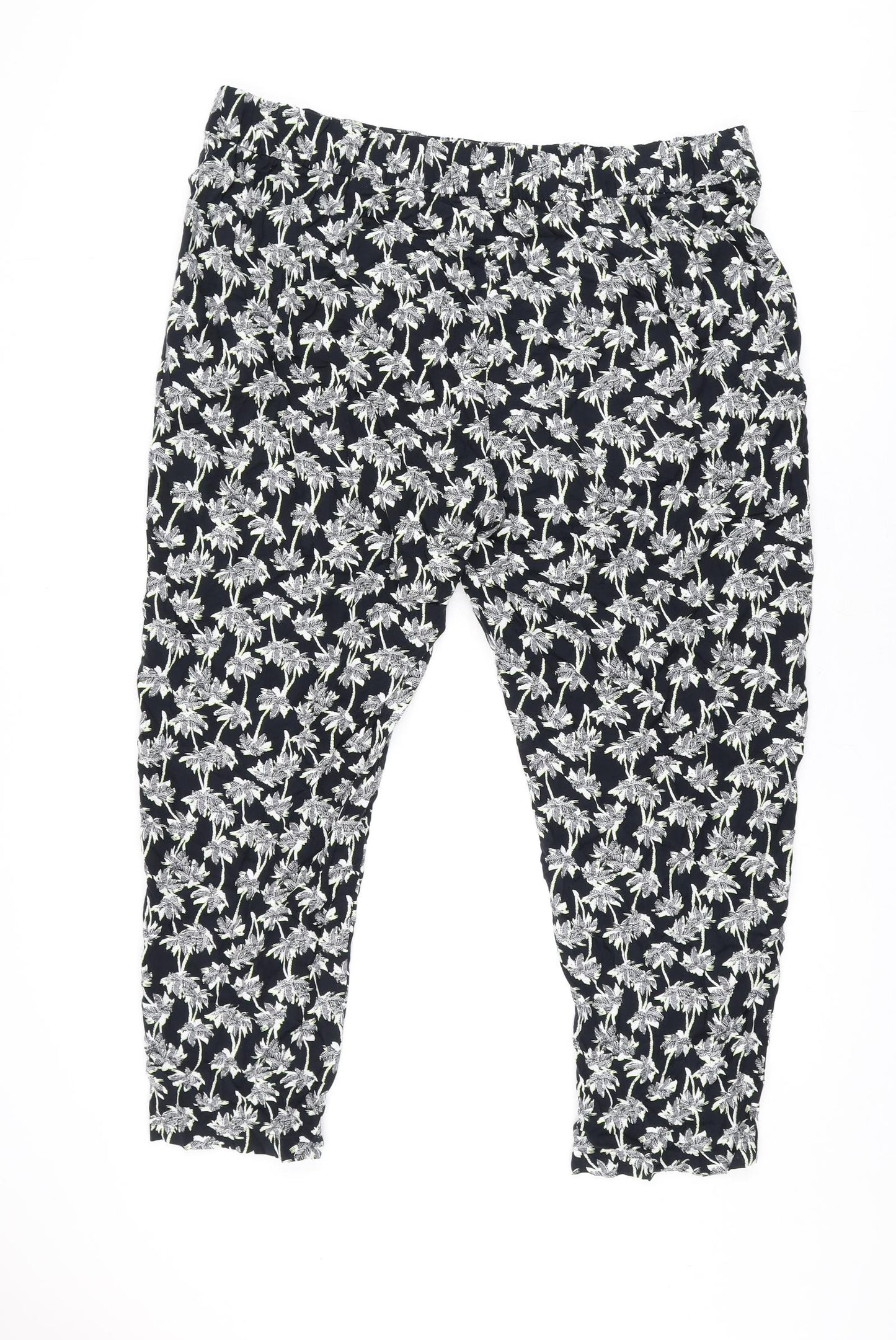 Marks and Spencer Womens Black Geometric Viscose Trousers Size 22 L26 in Regular - Palm Tree Print