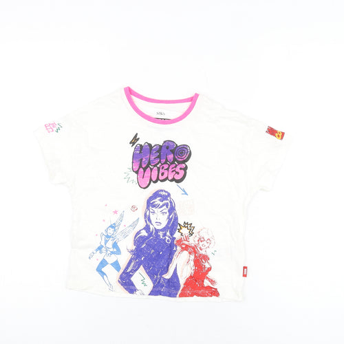 Marks and Spencer Girls White Polyester Basic T-Shirt Size 4-5 Years Round Neck Lace Up - Marvel, Hero Vibes