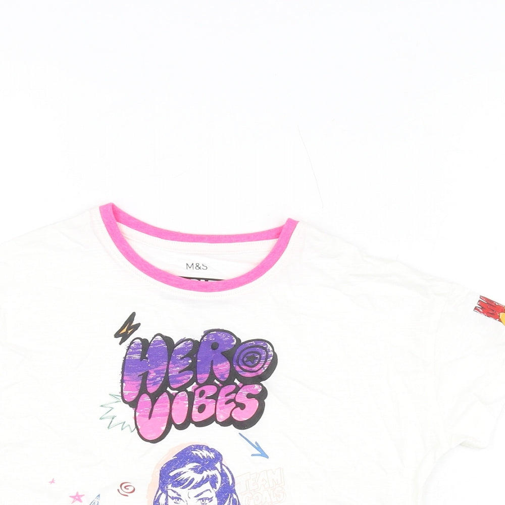 Marks and Spencer Girls White Polyester Basic T-Shirt Size 4-5 Years Round Neck Lace Up - Marvel, Hero Vibes