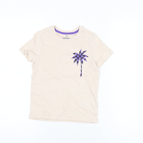 Marks and Spencer Boys Ivory Cotton Basic T-Shirt Size 5-6 Years Round Neck Pullover - Palm Tree Print