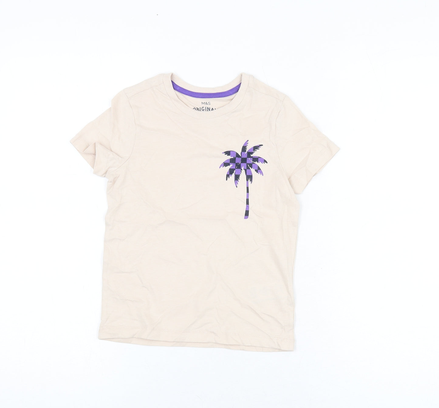 Marks and Spencer Boys Ivory Cotton Basic T-Shirt Size 5-6 Years Round Neck Pullover - Palm Tree Print