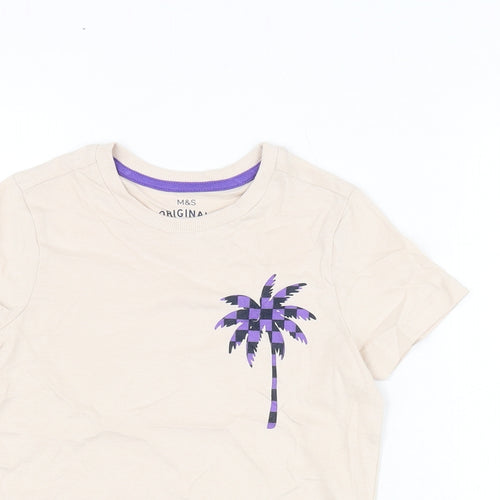 Marks and Spencer Boys Ivory Cotton Basic T-Shirt Size 5-6 Years Round Neck Pullover - Palm Tree Print