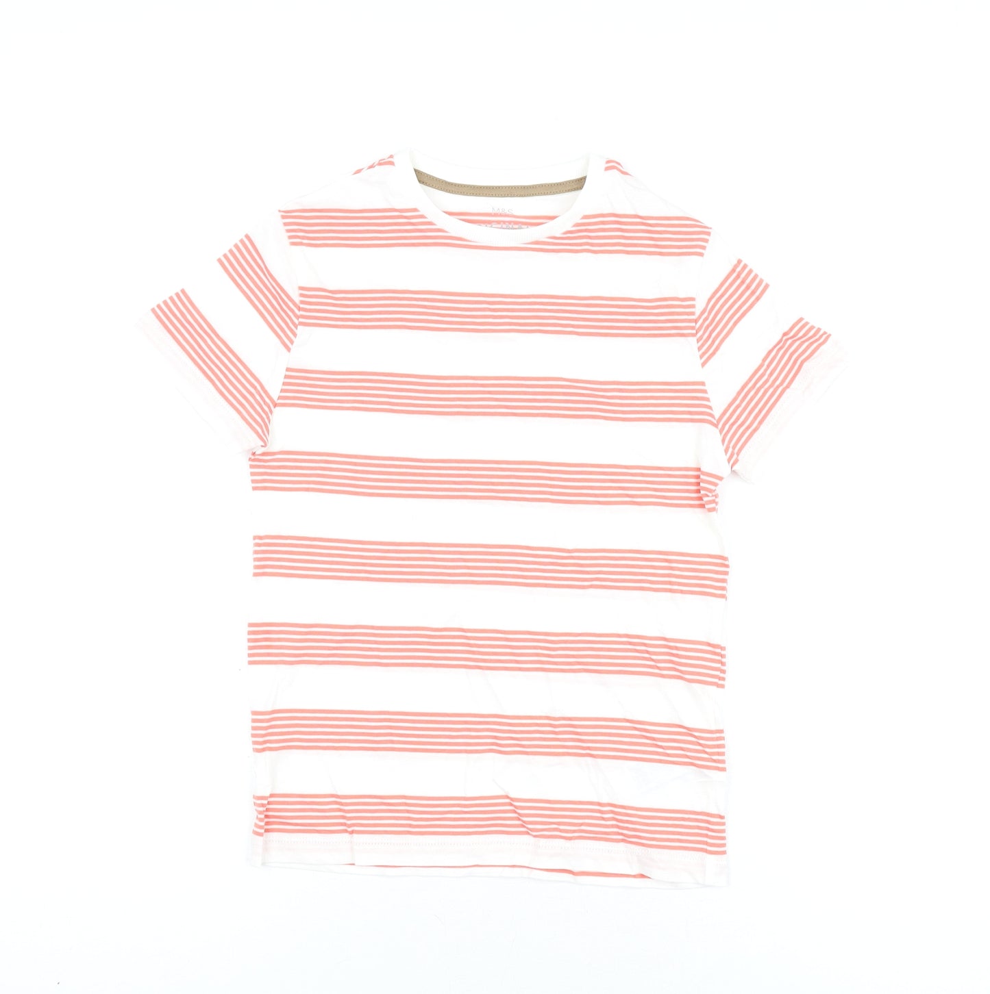 Marks and Spencer Boys White Striped Cotton Basic T-Shirt Size 8-9 Years Round Neck Pullover