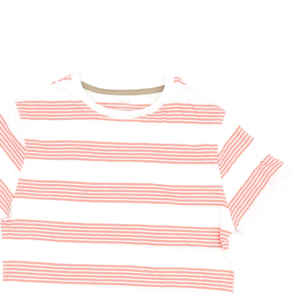 Marks and Spencer Boys White Striped Cotton Basic T-Shirt Size 8-9 Years Round Neck Pullover