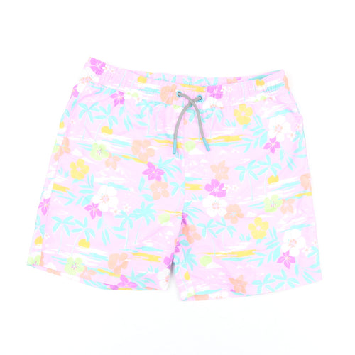 Marks and Spencer Boys Purple Floral Polyester Bermuda Shorts Size 10-11 Years Regular Drawstring - Swim Shorts