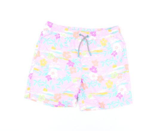 Marks and Spencer Boys Purple Floral Polyester Bermuda Shorts Size 10-11 Years Regular Drawstring - Swim Shorts