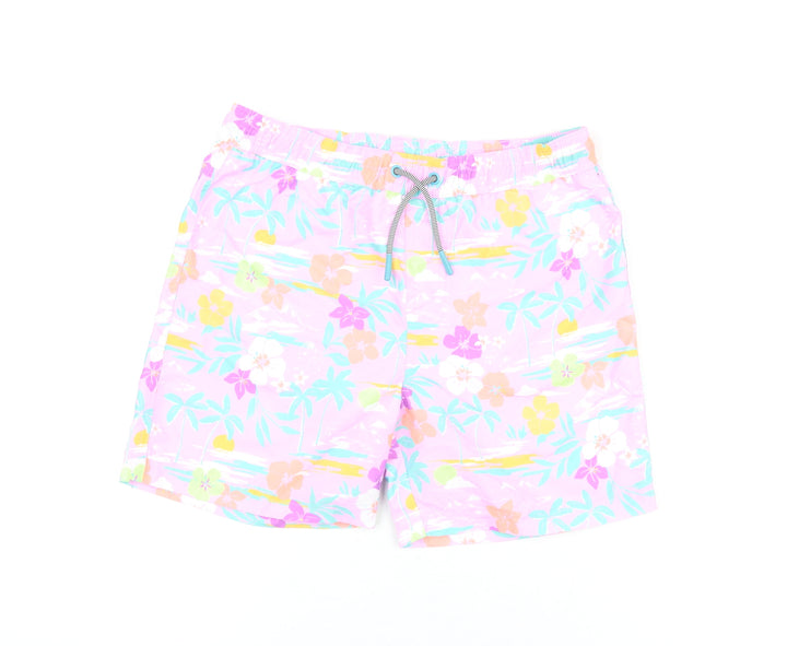 Marks and Spencer Boys Purple Floral Polyester Bermuda Shorts Size 10-11 Years Regular Drawstring - Swim Shorts