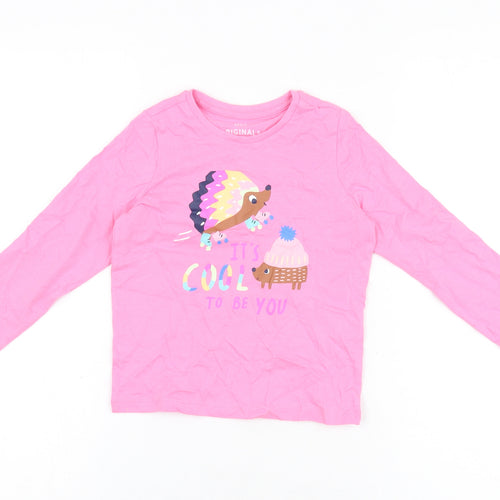 Marks and Spencer Girls Pink Cotton Basic T-Shirt Size 3-4 Years Round Neck Pullover - Hedgehog Print