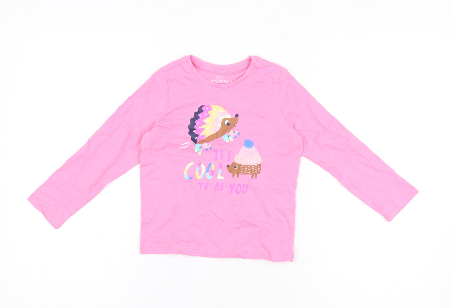 Marks and Spencer Girls Pink Cotton Basic T-Shirt Size 3-4 Years Round Neck Pullover - Hedgehog Print