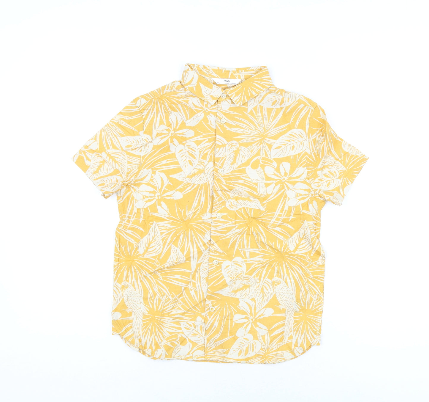 Marks and Spencer Boys Yellow Floral Cotton Basic Button-Up Size 8-9 Years Collared Button