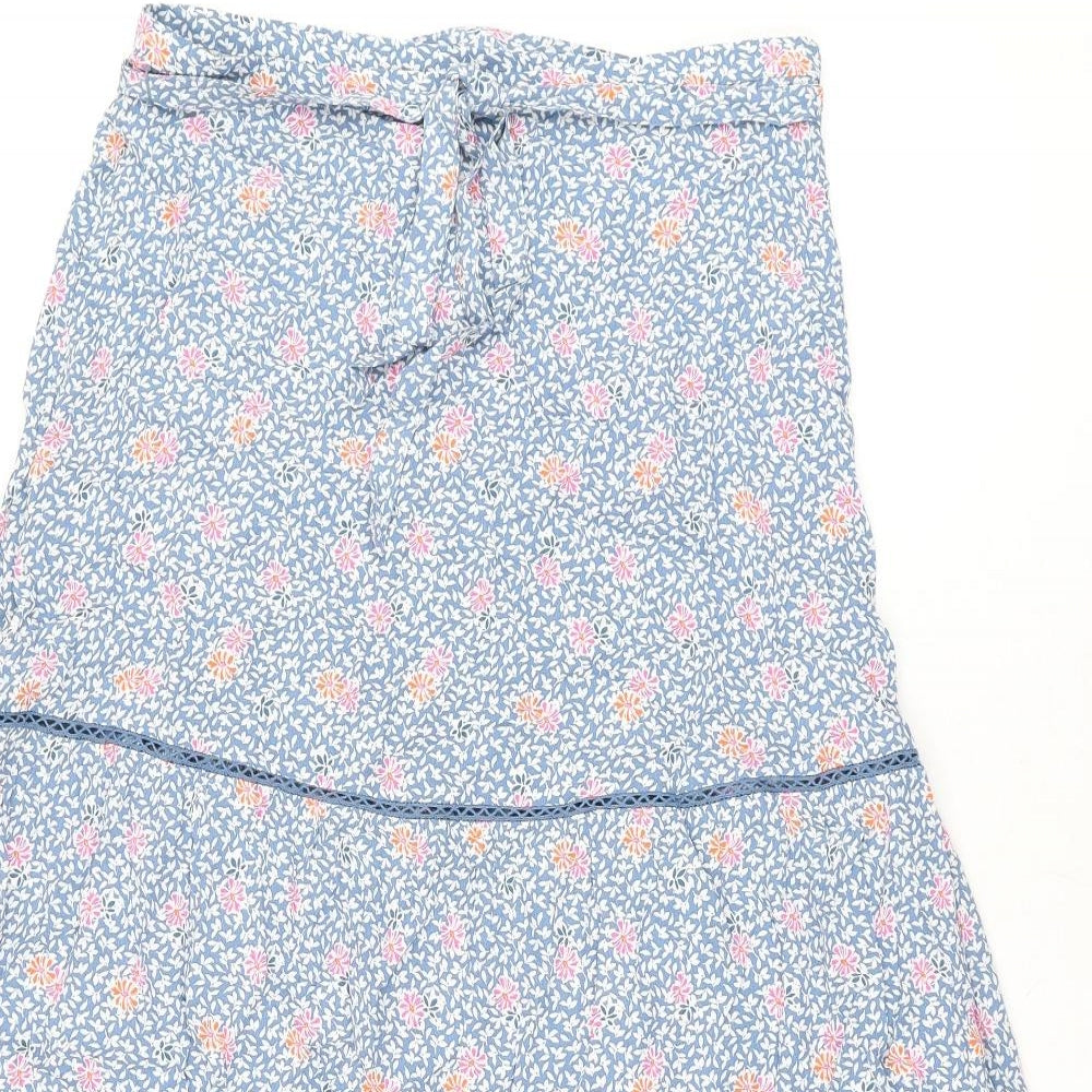 Marks and Spencer Womens Blue Floral Viscose Swing Skirt Size 12 Zip - Belted