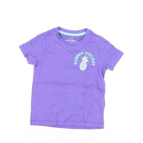 Marks and Spencer Girls Purple Cotton Basic T-Shirt Size 2-3 Years Round Neck Pullover - Summer Holiday