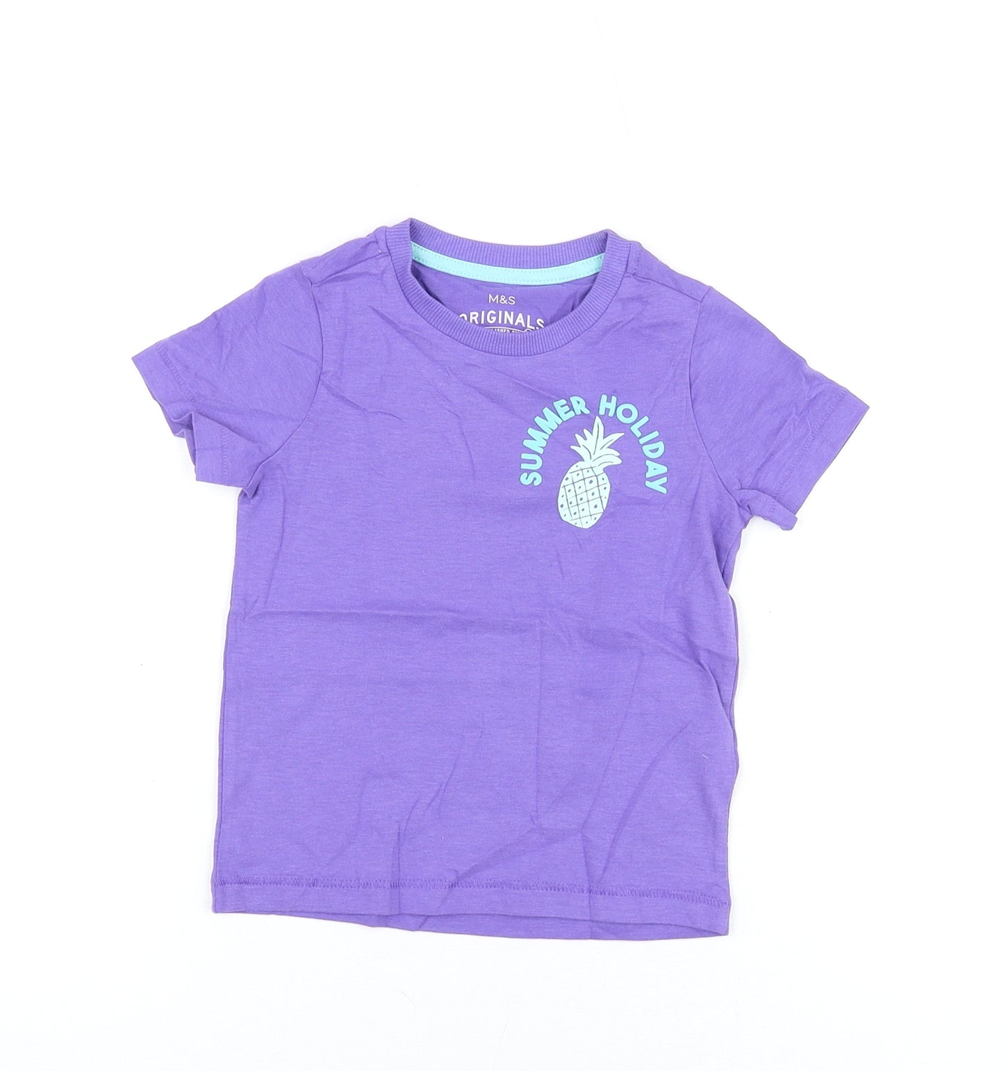 Marks and Spencer Girls Purple Cotton Basic T-Shirt Size 2-3 Years Round Neck Pullover - Summer Holiday