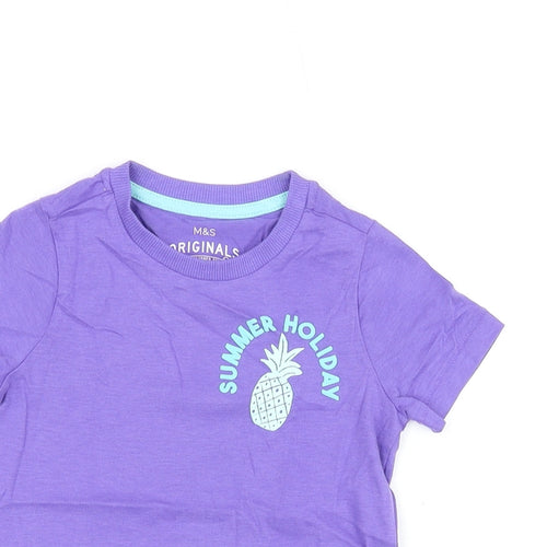 Marks and Spencer Girls Purple Cotton Basic T-Shirt Size 2-3 Years Round Neck Pullover - Summer Holiday