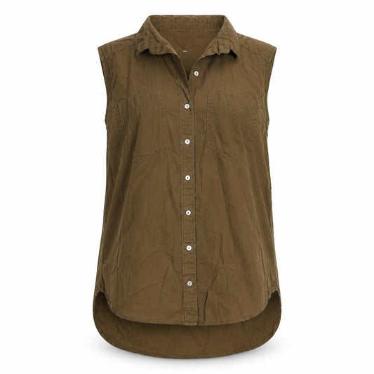 Front view of H&M women’s brown cotton basic button-up, size UK 6, collared