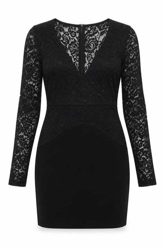 Front view of AX Paris women’s black polyester bodycon, size UK 8, v-neck zip
