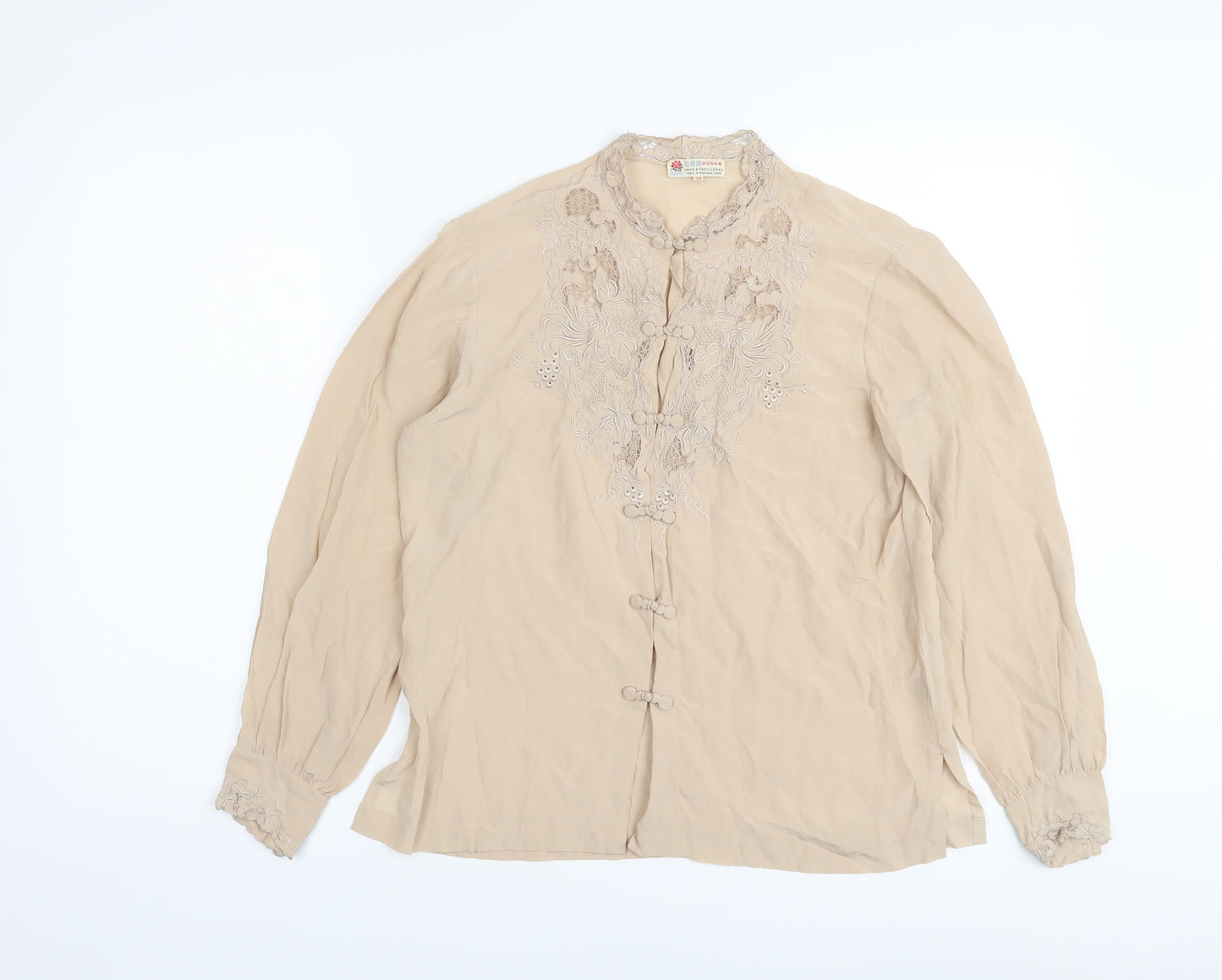 Peony Womens Beige Silk Basic Blouse Size 10 Mock Neck