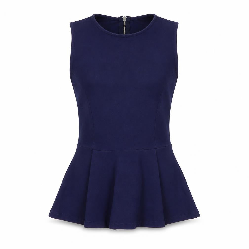 Front view of Topshop women’s blue cotton basic tank, size UK 6, round neck