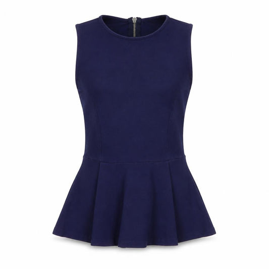 Front view of Topshop women’s blue cotton basic tank, size UK 6, round neck