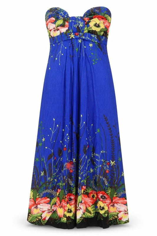 Front view of Stella women’s blue floral polyester a-line, size L, off the shoulder pullover