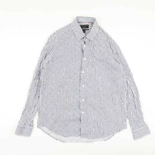 Report Collection Mens Blue Striped Cotton Button-Up Size L Collared Button