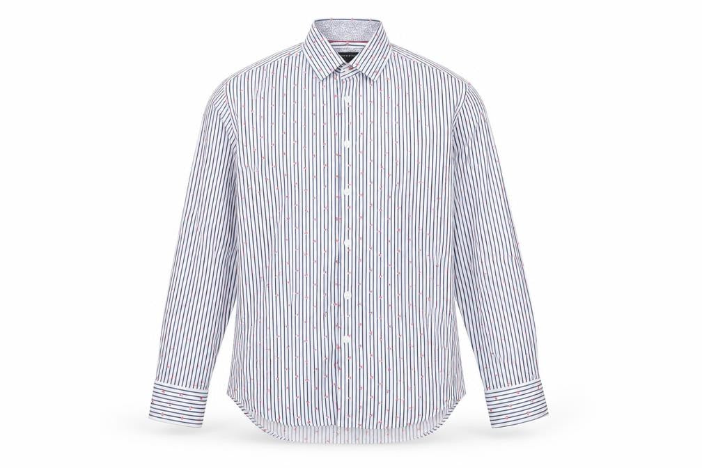 Front view of Report Collection men’s blue striped cotton button-up, size L, collared button