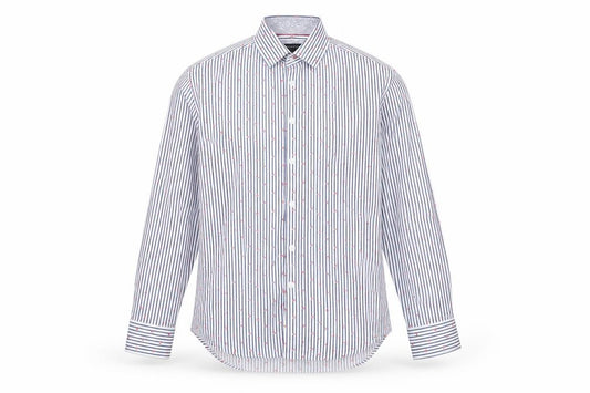Front view of Report Collection men’s blue striped cotton button-up, size L, collared button
