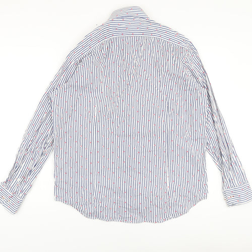 Report Collection Mens Blue Striped Cotton Button-Up Size L Collared Button